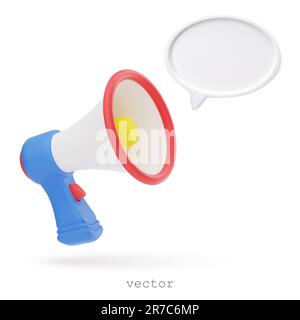 Vettore 3D megafono altoparlante o altoparlante per annunciare promozione, allarme, marketing, pubblicità con vuoto 3D bolla del discorso. Altoparlante Vector 3D c Illustrazione Vettoriale