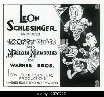 Annunci commerciali per LEON SCHLESINGER produttore di LOONEY MELODIE e MERRIE MELODIE Cartoon Shorts per WARNER BROS. Dalla International Motion Picture Almanac 1938-39 a cura di Terry Ramsaye Quigley Publishing Company, New York Foto Stock