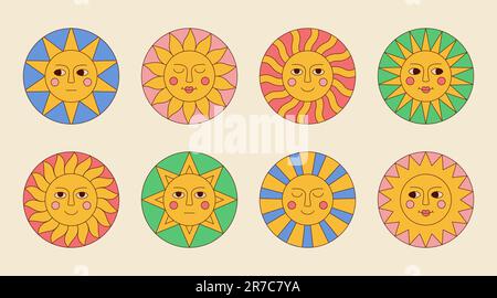 Collezione di groovy personaggi di cartoni animati da sole con volti divertenti in stile retrò trippy. Illustrazione vettoriale Illustrazione Vettoriale