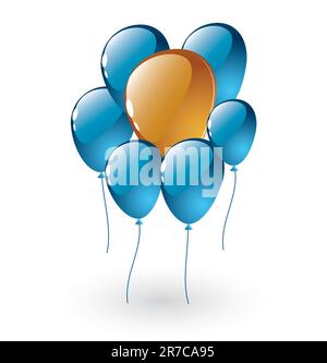 Vector celebra i palloncini blu e arancione isolati su bianco. Le bollature lucide realistiche sono ideali per il progetto di progettazione. Facile ... Illustrazione Vettoriale