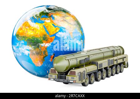 Missile Scud, sistema di missili balistici mobili a corto raggio con Earth Globe. 3D rendering isolato su sfondo bianco Foto Stock