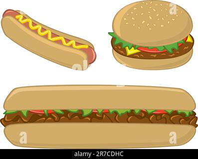 Tre piatti comuni a base di sandwich fast food americani - hot dog, hamburger e bistecche sottomarino. Illustrazione Vettoriale
