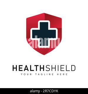 Logo di Health Care Shield con logotipo della clinica ospedaliera con segno più Illustrazione Vettoriale