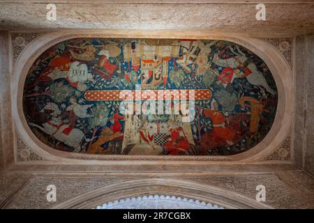 Soffitto con pittura nella Sala dei Re (Sala de los Reyes) ai palazzi Nasridi dell'Alhambra - Granada, Andalusia, Spagna Foto Stock
