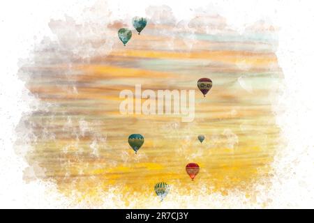 Acquerello di Cappadocia Turchia. Mongolfiere che volano sopra i camini delle fate in Cappadocia Nevsehir Foto Stock