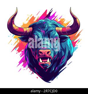 Furious bull Head vibrante colorata pennello stile vettoriale per la stampa di t-shirt o poster. Illustrazione Vettoriale