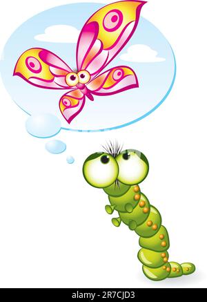Caterpillar vuole diventare una farfalla. Immagine su sfondo bianco Illustrazione Vettoriale