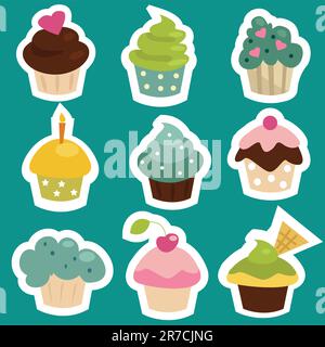 Simpatici adesivi per cupcake, illustrazione vettoriale Illustrazione Vettoriale