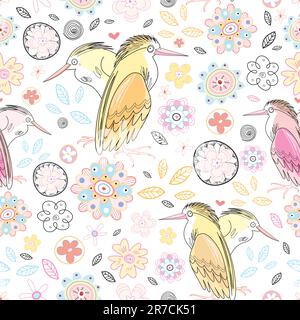 patchwork luminoso e senza cuciture di aironi e fiori d'amore su sfondo bianco Illustrazione Vettoriale