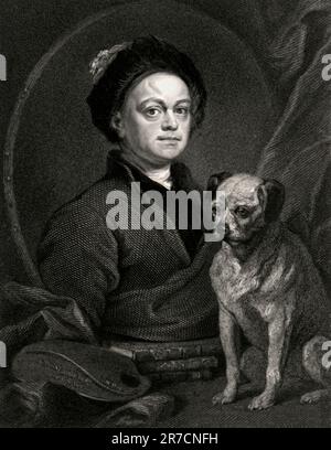 Inghilterra, 1745 un'incisione da un autoportait del pittore inglese e critico sociale William Hogarth e il suo pug. Foto Stock
