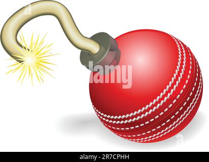 Retrò cartoon cricket ball cherry bomba illuminata con fusibile incendiate. Concept per il conto alla rovescia per il grande evento cricketing o in crisi. Illustrazione Vettoriale