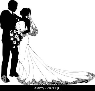 La sposa e lo sposo il giorno delle nozze circa a baciare in silhouette Illustrazione Vettoriale