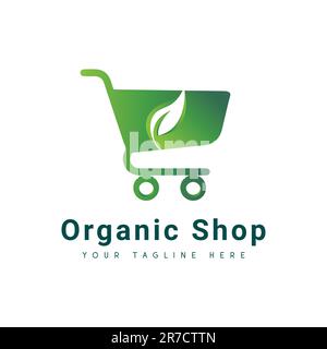 Negozio biologico Logo Design Green Leaf Online Shopping Eco friendly Vegan Illustrazione Vettoriale