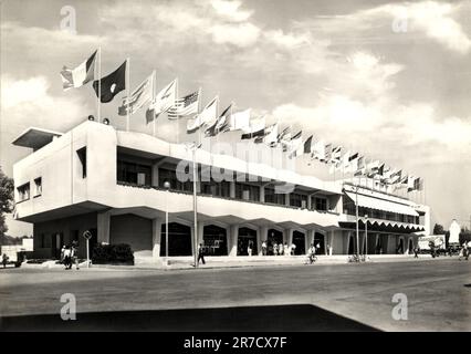 1955 , agosto , LIDO di VENEZIA , ITALIA : il celebre PALAZZO DEL CINEMA durante la Mostra Internazionale d'Arte cinematografica di Venezia ( esposizione Internazionale d'Arte cinematografica - Biennale di Venezia ). Aperto il giorno 10 agosto 1937 per la V edizione del Festival , disegnato in STILE RAZIONALISTA dall'architetto LUIGI QUAGLIATA ( 1899 - 1991 ). Fotografo sconosciuto .- FESTIVAL DEL CINEMA - CINEMATOGRAFICO - ITALIA - ARCHITETTURA RAZIONALISTA - ARCHITETTURA RAZIONALISTA - VENEZIA - bandiera - bandiera - bandiere nazionali - bandiere nazionali - TURISMO - TURISMO - turisti - turistico - Foto Stock
