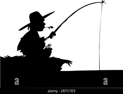 Silhouette di un ragazzo che pesca. Isolato su bianco Illustrazione Vettoriale