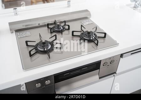 Primo piano della stufa a gas nella cucina di sistema Foto Stock