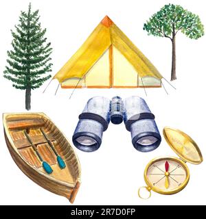 Campeggio di viaggio sei pezzi set di oggetti isolati Foto Stock