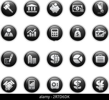 Icone vettoriali impostate in pulsanti neri lucidi. Illustrazione Vettoriale