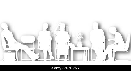 Vettoriale modificabile silhouettes di esclusione di persone sedute in una sala di attesa con sfondo ombra eseguita utilizzando un gradiente mesh Illustrazione Vettoriale