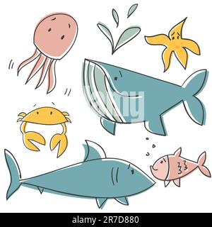 Doodle Sea Animals, illustrazione vettoriale Illustrazione Vettoriale