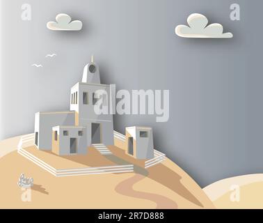 Modificabile illustrazione vettoriale di un adobe homestead sulla cima di una collina con sfondo realizzato utilizzando un gradiente mesh Illustrazione Vettoriale