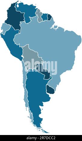 mappa politica del sud america con colori blu freddi Illustrazione Vettoriale