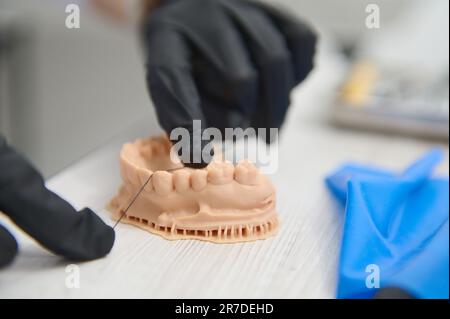 Concentratevi sulle mani del dentista in guanti sterili neri utilizzando il filo interdentale che mostra come spazzolare i denti sul calco in gesso dei denti Foto Stock