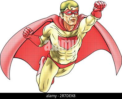 Illustrazione di un supereroe vestito in costume rosso e giallo e mantello volante. Ha uno stile haftone a colori per un look a fumetti tradizionale. Illustrazione Vettoriale