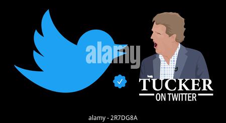 6 giugno 2023, ujlf Tucker Carlson ha pubblicato il primo episodio del suo show su Twitter. Ritratto di ex Fox News ancora Tucker Carlson con il suo mout Illustrazione Vettoriale