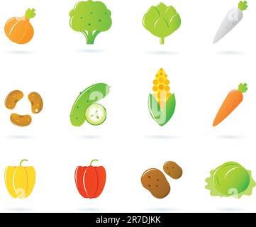 Icona 12 raccolta di diversi vegetali, cibo sano. Vettore Illustrazione Vettoriale