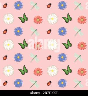 Motivo senza cuciture con fiori e insetti su sfondo rosa Illustrazione Vettoriale