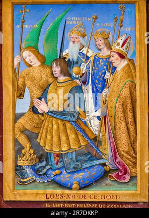 Jean Bourdicon, Luigi XII di Francia inginocchiato in preghiera, accompagnato dai Santi Michele, Carlo Magno, Luigi e Denis, manoscritto illuminato in tempera e oro, 1498-1499 Foto Stock