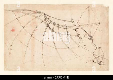 Disegno Leonardo da Vinci, ala meccanica attivata da un verricello, disegno di volo artificiale, penna e inchiostro, 1478-1480 Foto Stock