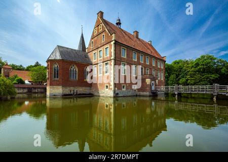 Germania, Havixbeck, Baumberge, Muensterland, Westfalia, Renania settentrionale-Vestfalia, NRW, Castello di Huelshoff, castello fossato, rinascita, Edificio principale e cappella del castello, neo-gotico, fossato, fosso, luogo di nascita e casa parentale della poetessa Annette di Droste-Huelshoff Foto Stock