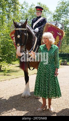 La Regina Camilla nomina il nuovo Cavalleria Casuca 'Juno' guidato dal Sergente maggiore Daniel Evans alla Clarence House di Londra. Data immagine: Mercoledì 14 giugno 2023. Foto Stock