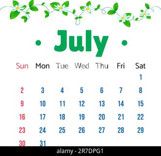 Luglio 2023 Calendario. Luglio 2023 Calendario con margherite vettoriali e foglie verdi Illustrazione. Modello vettoriale calendario da parete, design semplice e minimo. W Illustrazione Vettoriale