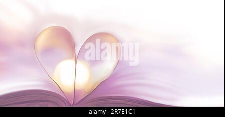 Un libro aperto con un cuore fatto di fogli piegati. Amore concetto di educazione. Sfondo astratto del cuore sfocato dalle pagine del libro con accento lilla. Foto Stock