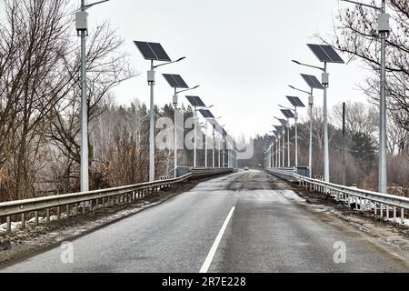 Strada asfaltata sul ponte. Illuminazione stradale ponte solare. Paesaggio con un Road.Ecological Street lighting.Solar Street light, luce LED pannello, utilizzato per Foto Stock