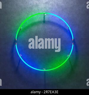 Cornice al neon di forma rotonda e luminosa su pareti in cemento scuro. Bagliore di colore sfumato da blu a verde. illustrazione 3d. Foto Stock
