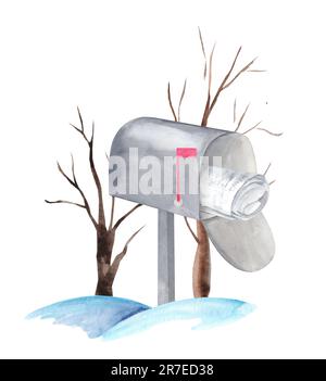 Illustrazione con acquerello di una mailbox. Accogliente angolo invernale del giardino. Foto Stock