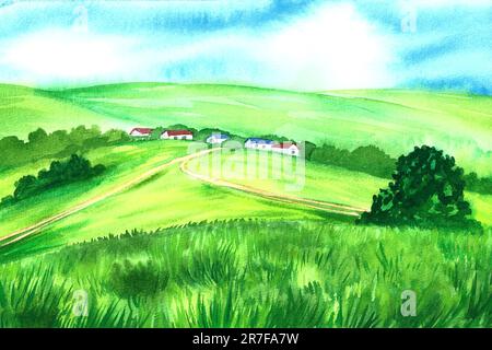 Paesaggio estivo rurale. Acquerello disegno a mano illustrazione, vista rurale - campi e prati, vecchio villaggio. Per banner volantino sfondi pubblicitari. fa Foto Stock