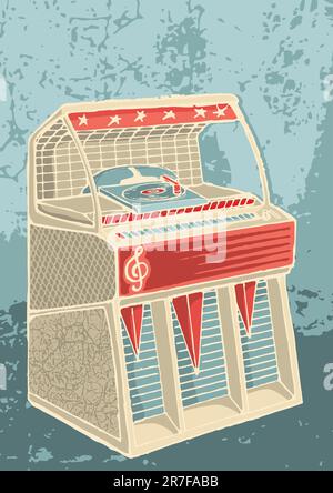 Schizzo di jukebox retro su sfondo grunge Illustrazione Vettoriale