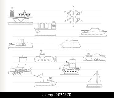 Diversi tipi di imbarcazioni e navi icone - Vettore icona impostare Illustrazione Vettoriale