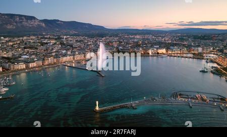 Veduta aerea della Fontana di Ginevra sul Lago di Ginevra, Svizzera. Foto Stock