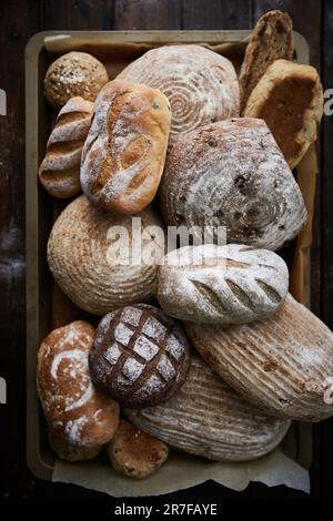 Un assortimento di pane appena sfornato e panini esposti in una rustica cassa di legno su un piatto bianco Foto Stock