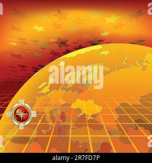 Illustrazione astratta con globo e bussola su rosso Illustrazione Vettoriale