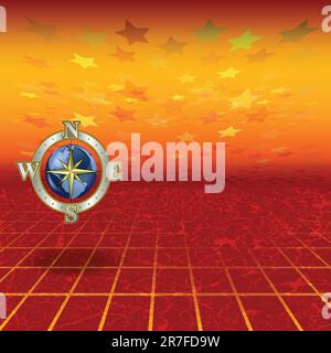 Abstract bussola di sfondo rosso su sfondo del paesaggio Illustrazione Vettoriale