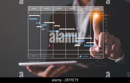 Project manager che lavora con la pianificazione del grafico Gantt per pianificare attività e risultati finali. Pianificazione delle attività con un software di pianificazione, strategia aziendale f Foto Stock
