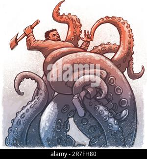 Arte dell'uomo con l'ascia, avvolta in tentacoli di polpo gigante, ispirata a ventimila leghe sotto i mari di Jules Verne, fantascienza, libro d'avventura. Foto Stock