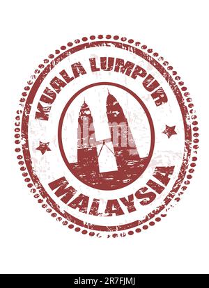 Timbro in gomma grunge con forma di edificio di Kuala Lumpur e il testo Kuala Lumpur, Malesia, scritto all'interno del timbro Illustrazione Vettoriale